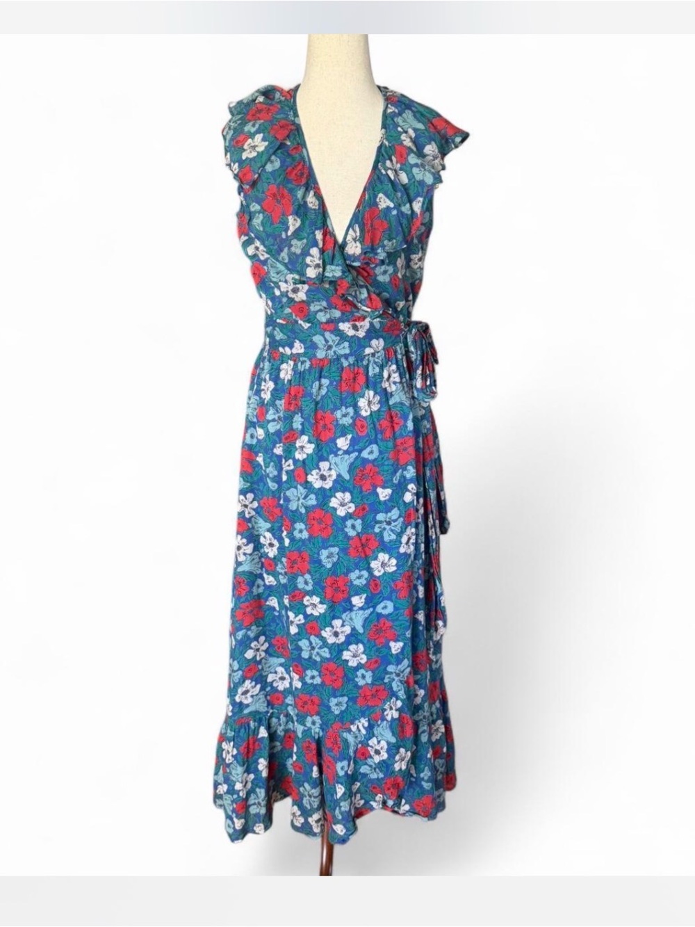 Banjanan Blue Floral Wrap Maxi Dress with Ruffle Hem